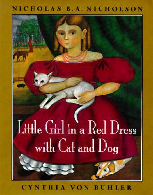 Little girl in a red dress with cat and dog