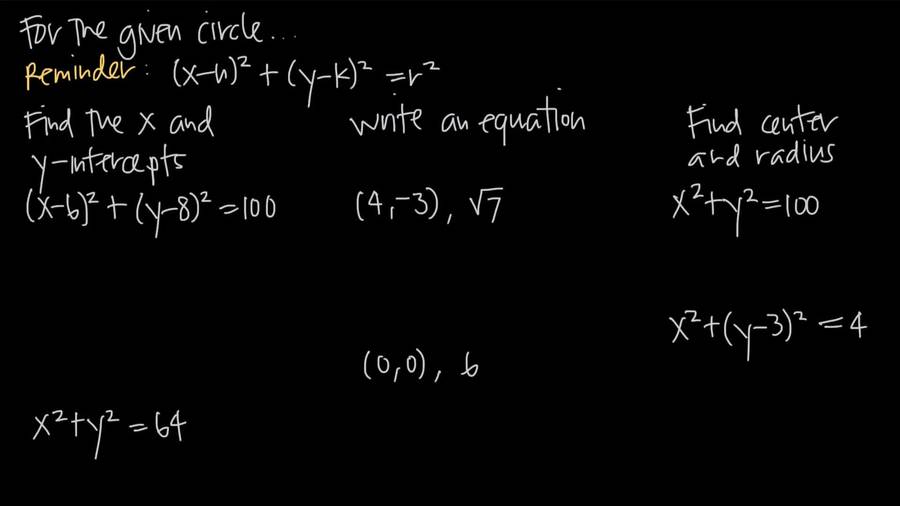 Equation, Center and Radius, and Intercepts of a Circle : Geometry-Circles