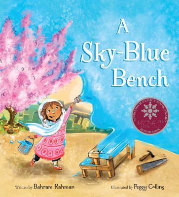 A sky-blue bench