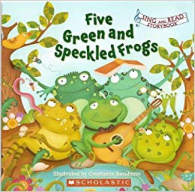 Five green and speckled frogs